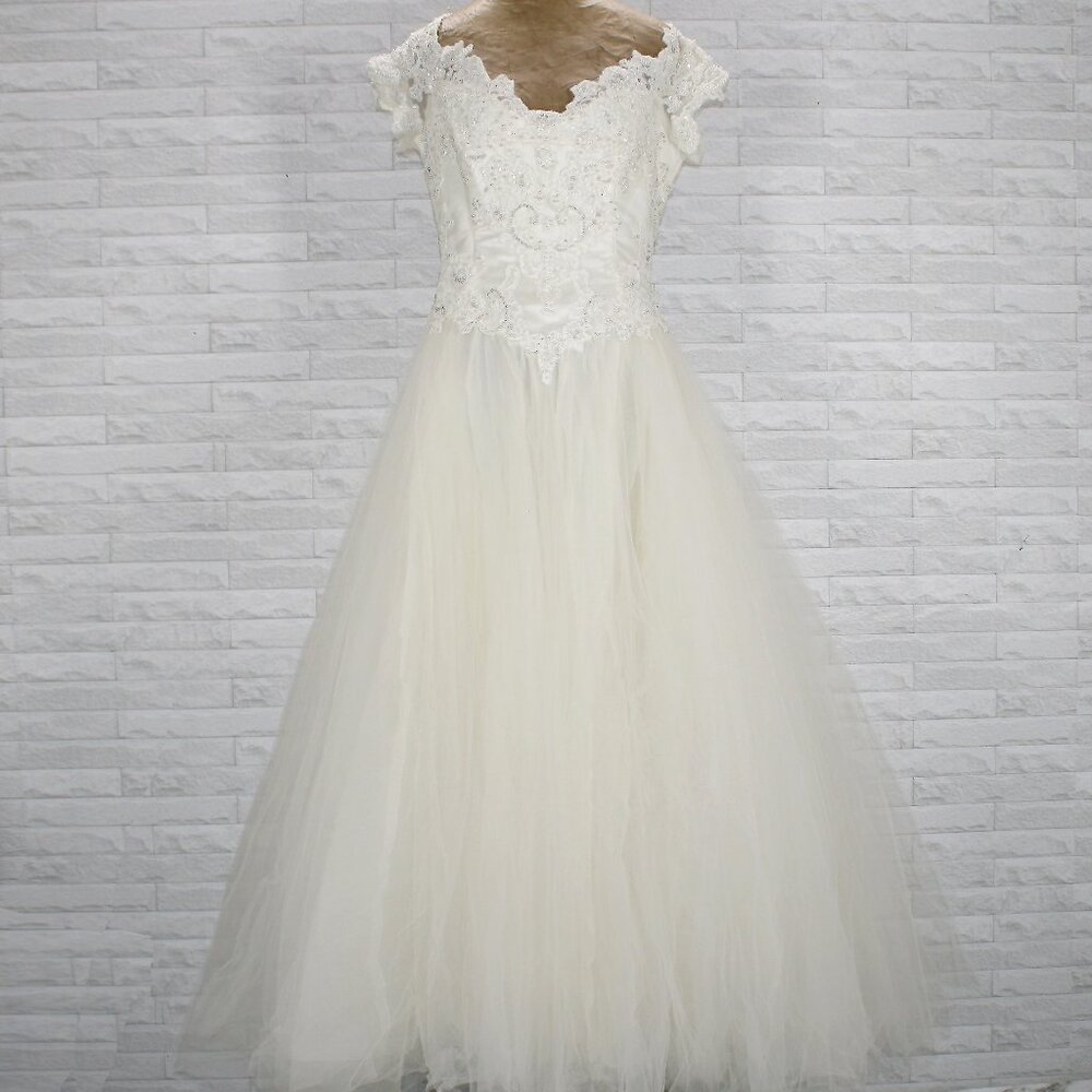 VINTAGE DAVID'S BRIDAL Gown Bridal Wedding Beaded Baach Tulle Princess White 6 - Picture 4 of 16